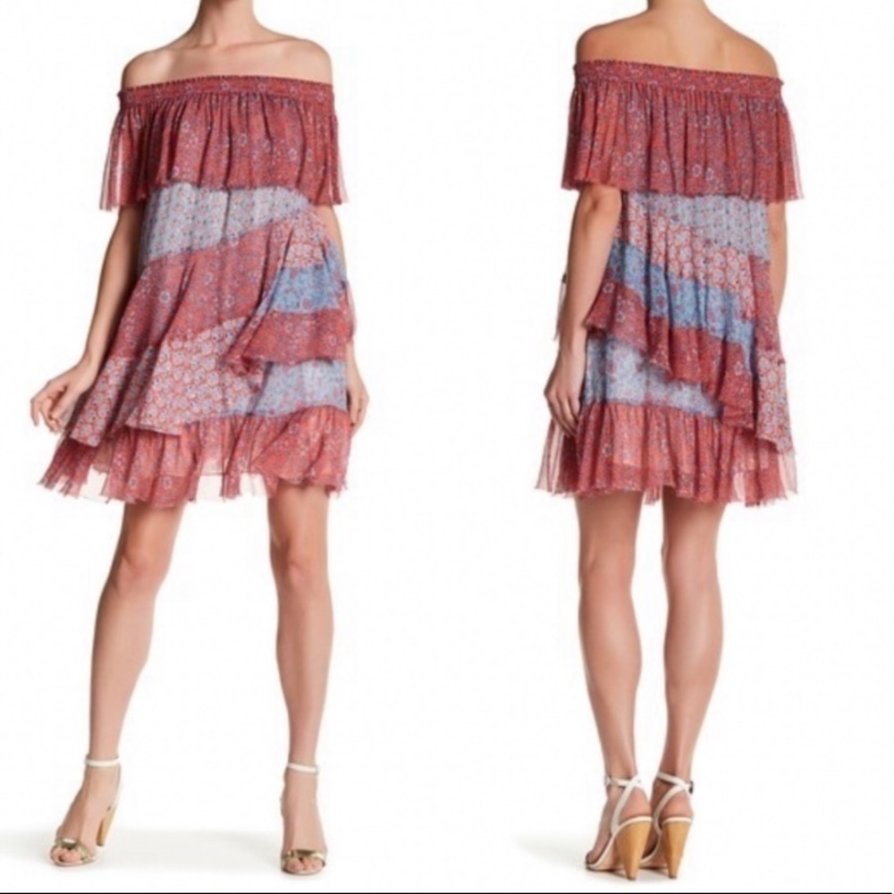 Rebecca Taylor dress patchwork tiered raw hem off the shoulder lined‎ silk